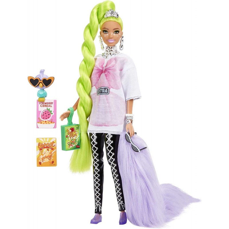 Barbie - Extra Bambola Snodata con Lunghissimi Capelli Verde Fluo,  Maglietta Larga e Leggins Extralarge, con Pappagallino e Acce