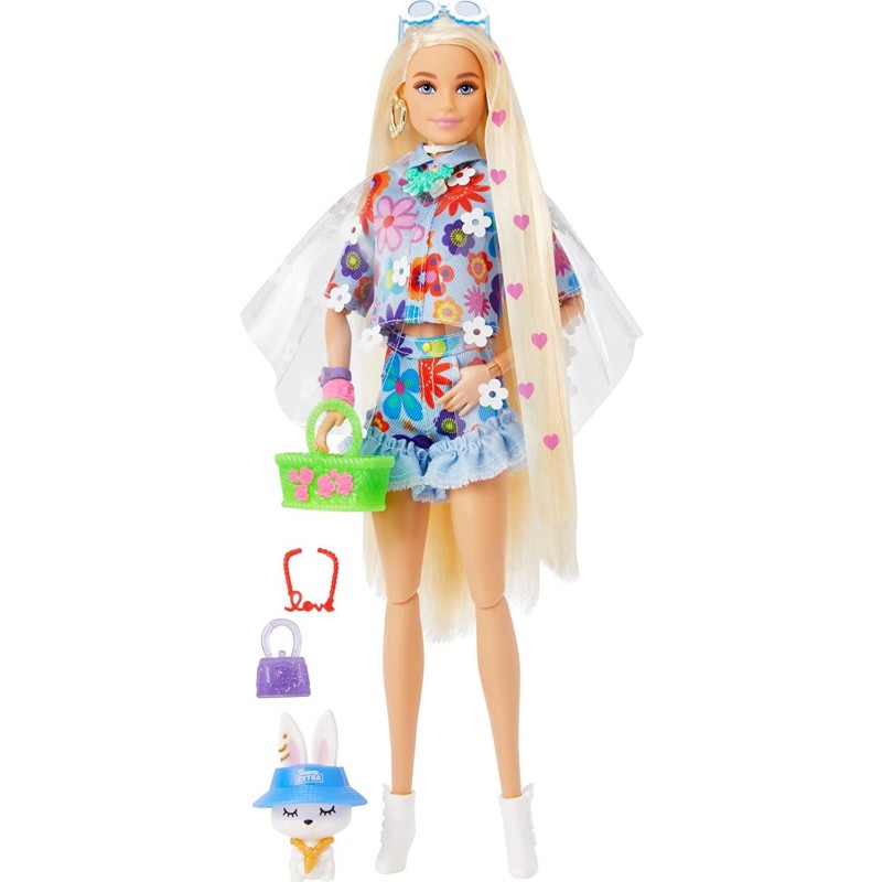 Barbie Extra - Bambola Snodata con Coniglietto - Vestiti alla moda - 15 Accessori Ciocca con Cuoricini Viola HDJ45