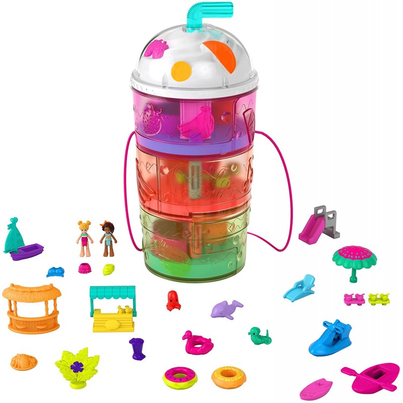 Mattel - Polly Pocket Playset Cofanetto a Forma di Frullato Tropicale, a Tema Parco Acquatico, 3 Piani e Tanti Accessori, Giocat