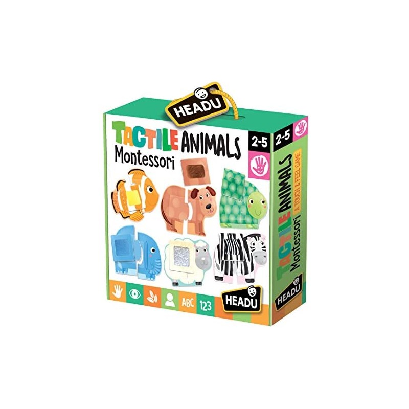 Headu- Tactile Animals Montessori Puzzle 1-4 Anni, Multicolore
