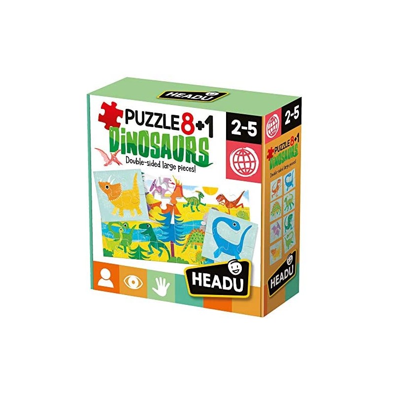 Headu- Dinosaurs Puzzle 8+1, Colore Multiplo, IT22243