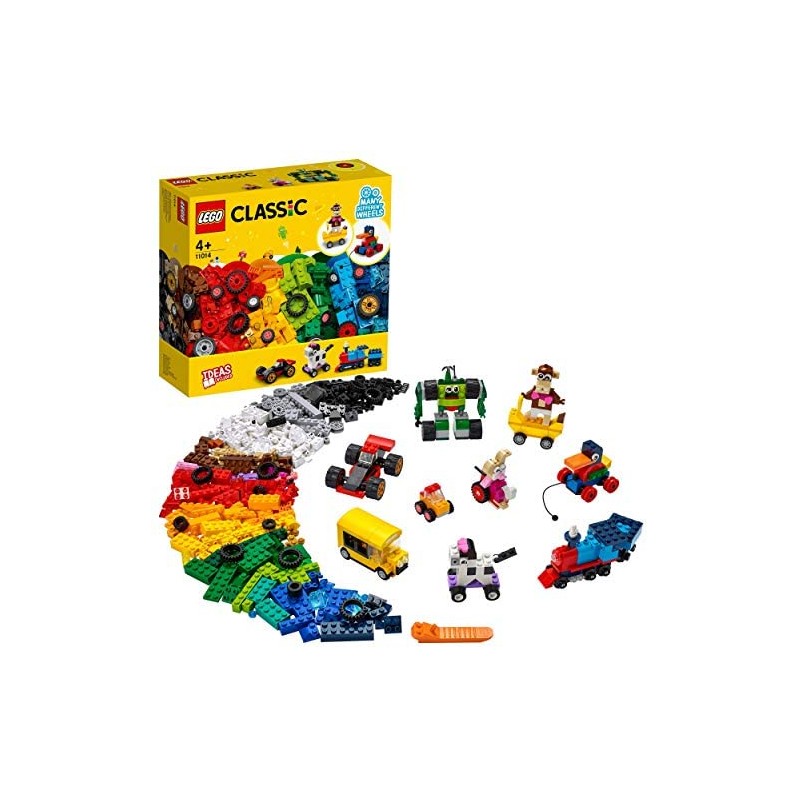 LEGO Classic Mattoncini e Ruote, Set di Costruzioni per Bambini 4 Anni con Macchinine Giocattolo, Trenino, Robot, 11014