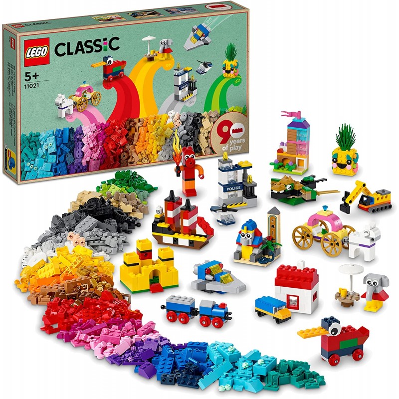 LEGO Classic 90 Anni di Gioco, Scatola con Mattoncini Colorati per 15 Mini  Costruzioni di Modelli