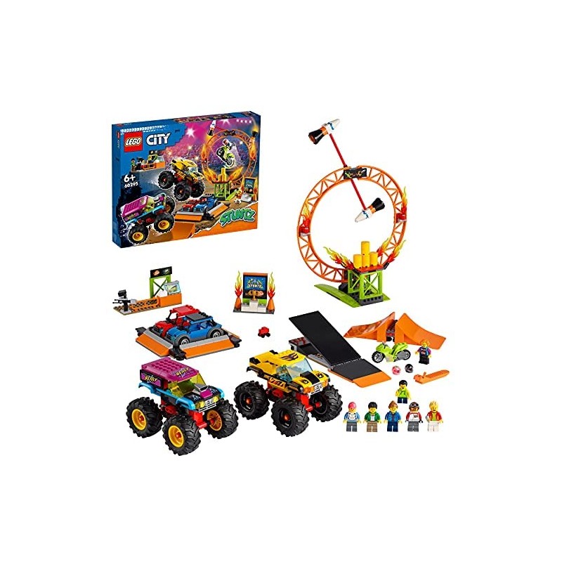 LEGO City Stuntz Arena dello Stunt Show, Set con 2 Monster Truck Giocattolo, 2 Automobiline, Moto Giocattolo con Meccanismo a Sp
