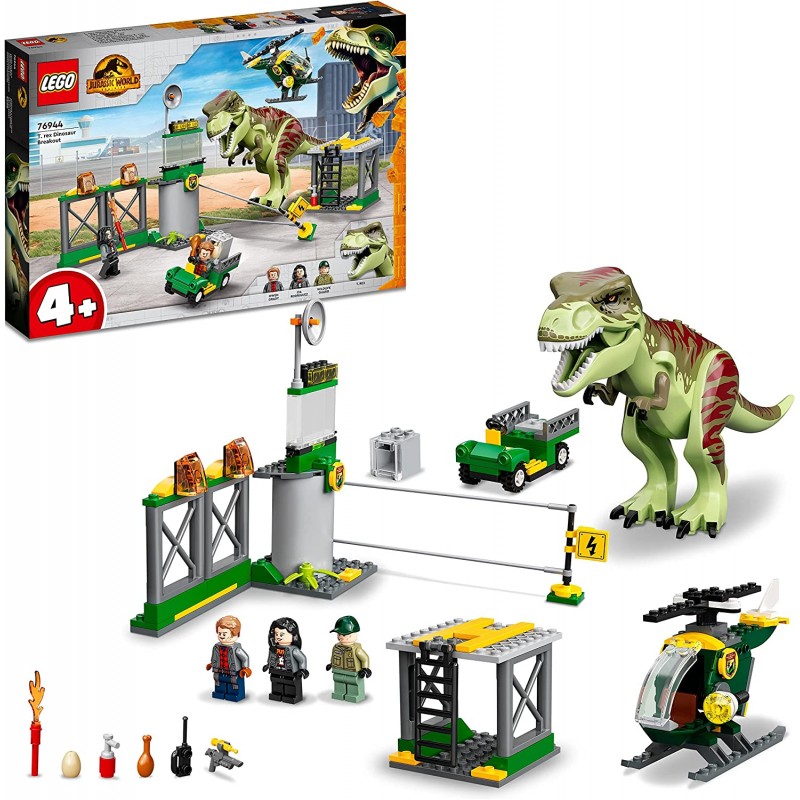 LEGO Jurassic World La Fuga del T. rex, Include 3 Minifigure un Elicottero  e un Dinosauro