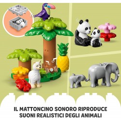 LEGO 10975 DUPLO Animali del Mondo, Giochi Educativi per Bambini, 22 Figure di Animali, Mattoncino con Suoni Realistici, Tappeti
