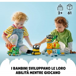 LEGO 10990 DUPLO Town Cantiere Edile con Bulldozer, Betoniera e Gru Giocattolo, Giochi Educativi e Sensoriali con Luci e Suoni p