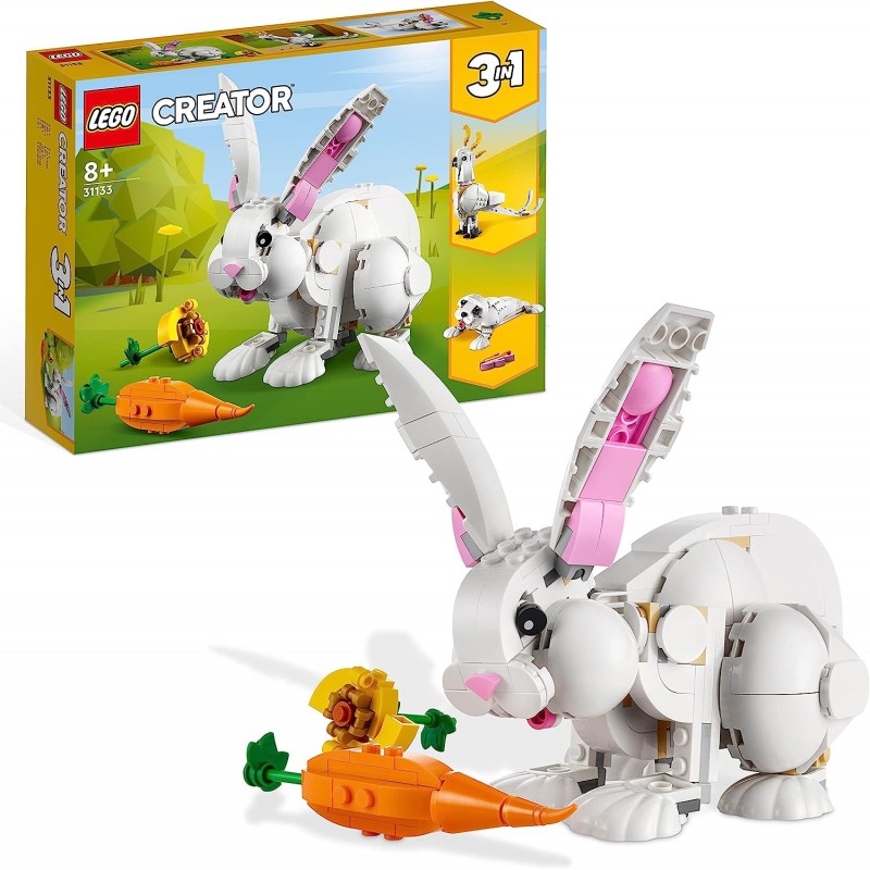 LEGO 31133 Creator Coniglio Bianco, Set 3in1 in Mattoncini, Costruzioni Animali Giocattolo Coniglietto Pasquale, Foca e Pappagal
