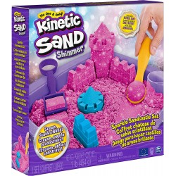 Kinetic Sand |Castello di Sabbia Shimmer | Sabbia cinetica 454gr | Sabbia Magica | Sabbia Colorata Glitterata Rosa | 3 Accessori