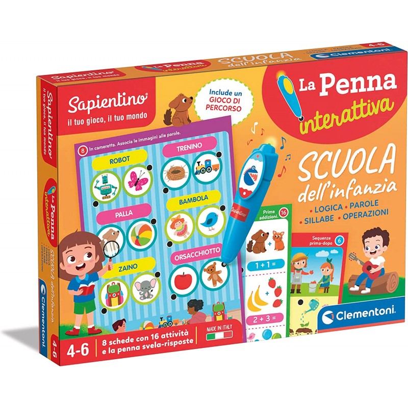 Clementoni - Sapientino-Scuola Dell Infanzia - Parole, Logica E Prime Operazioni - Quiz, Schede attività e Penna Interattiva Par