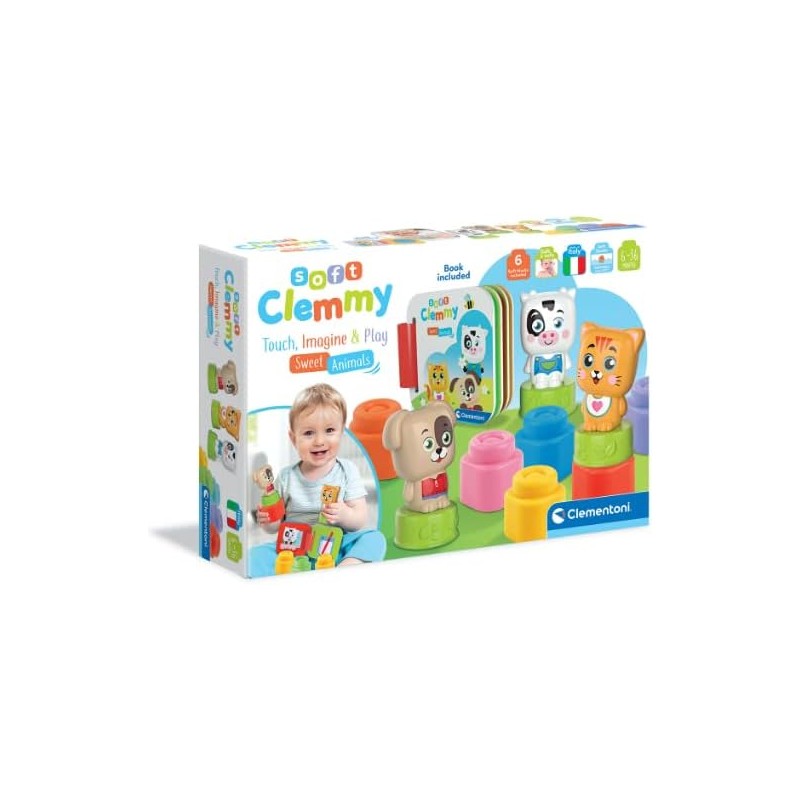 Clementoni - Soft Clemmy - Sweet Animals Book Playset - Mattoncini Morbidi, Set Costruzioni Prima Infanzia, Gioco Bambini 6 Mesi