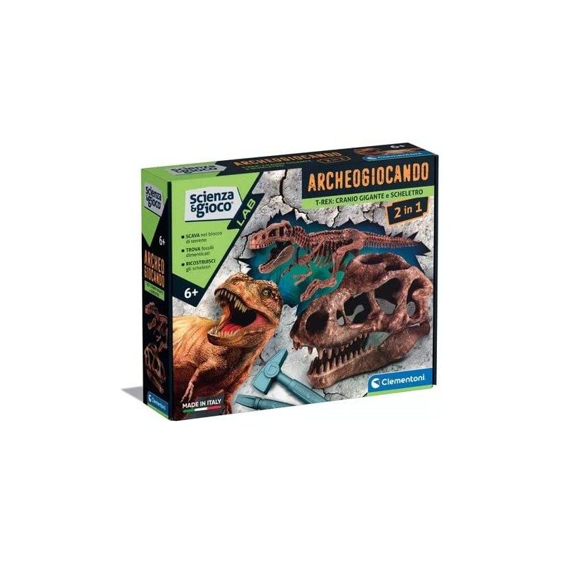 Clementoni - Scienza Archeogiocando - Dig Trex 2In1-Dinosauri, Fossili da Scavare e Assemblare, Kit Archeologo, Gioco Scientific