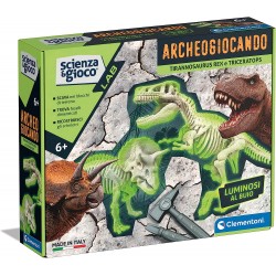 Clementoni - Scienza Lab - Archeogiocando - T-Rex e Triceratopo - Dinosauri, Fossili da Scavare e Assemblare, Kit Archeologo, Gi