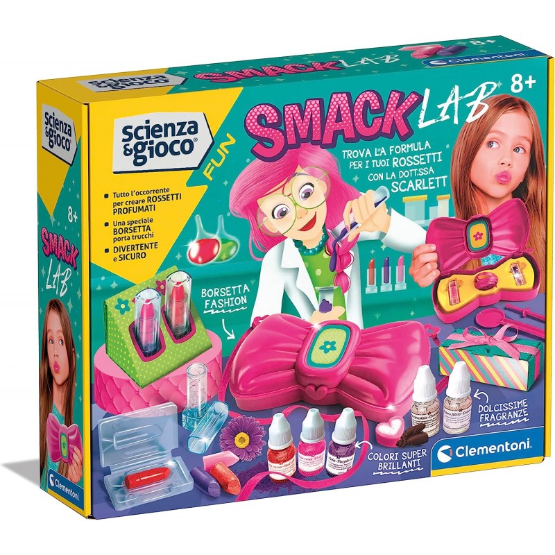 Clementoni - Scienza Fun - Smack Lab, Gioco Scientifico 8 Anni, Laboratorio Bambina, Kit per Realizzare Rossetti e Lucidalabbra 