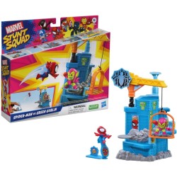 Hasbro Marvel Stunt Squad, Crane Smash, playset con Spider-Man e Green Goblin, action figure in scala da 3,5 cm - F7062