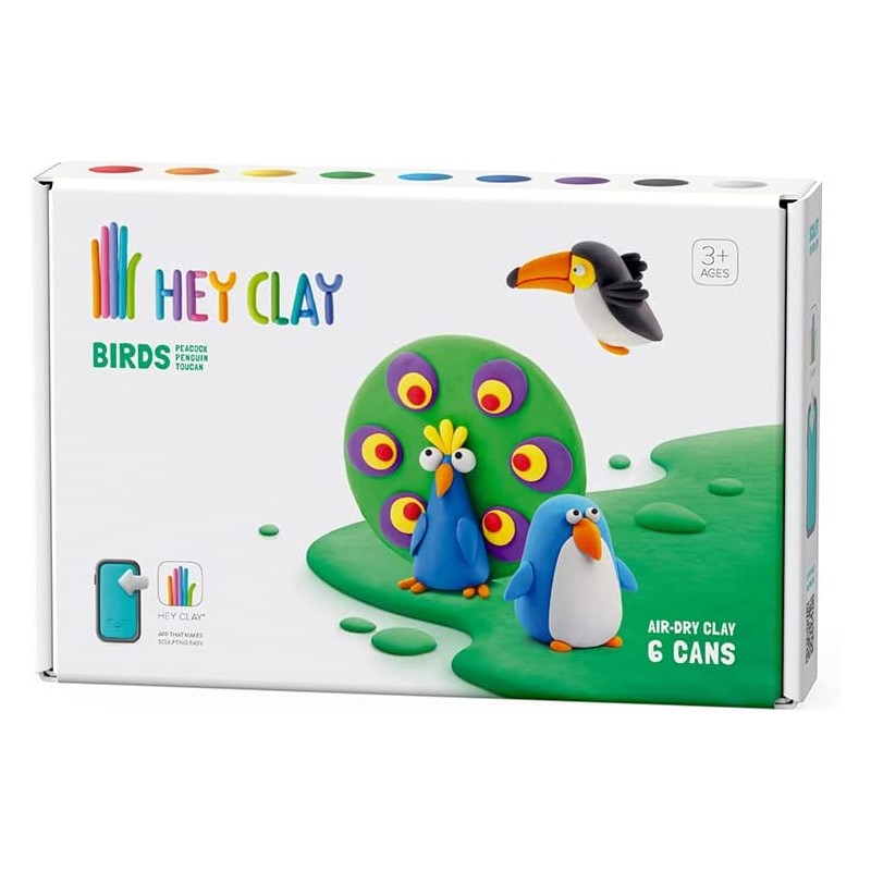 Hey Clay Birds 2, pasta modellabile medium set Uccelli 2 per Bambini in confezione da 3 soggetti con 6 colori. Set medio da 3 uc