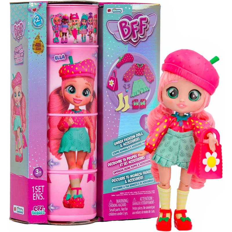 IMC Toys - BFF BY CRY BABIES S2 Ella | Bambola alla moda da Collezione con Capelli lunghi, Vestitini in tessuto e 9 Accessori - 