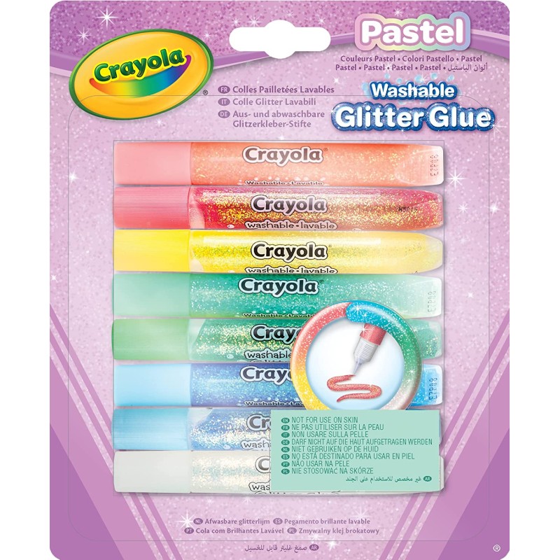 Crayola Pastel- Colle Glitter Lavabili, Confezione da 8 pezzi, per Lavoretti a Scuola e nel Tempo Libero, Colori Assortiti Paste