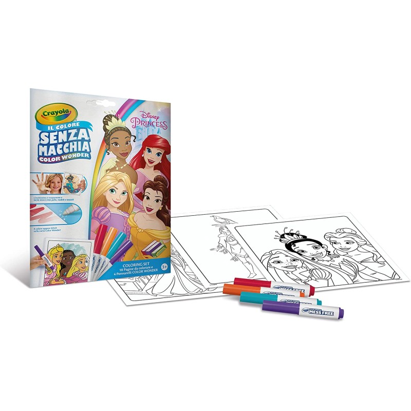 CRAYOLA - Color Wonder, Coloring Set con 18 Pagine 4 Pennarelli Senza Macchia, Soggetto Disney Princess, Assortiti, 4 unità (Con