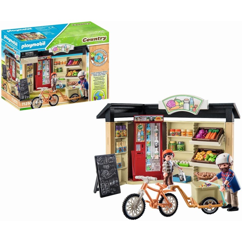 Playmobil - Country 71250 Bottega Agricola aperta 24 ore su 24, bicicletta con rimorchio, negozio di prodotti agricoli biologici