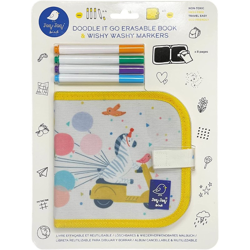 Album Disegna e Cancella Zebra - Mini libro da colorare a gesso, con 4 pennarelli Wishy Washy, riutilizzabile, per casa e in via