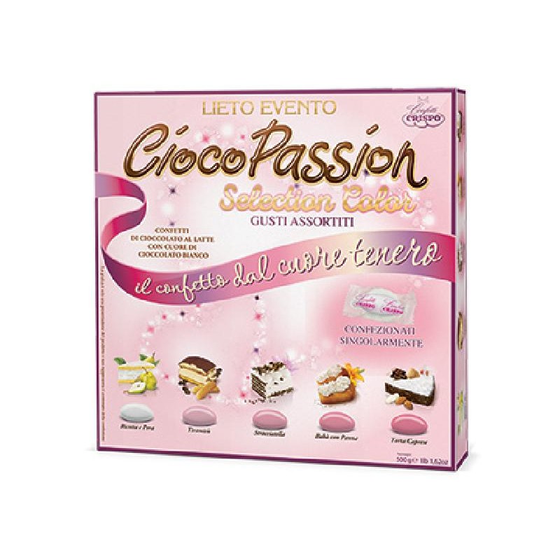 CRISPO Confetti ciocopassion gusti assortiti scatola box lieto evento copertura rosa 500g, 09779