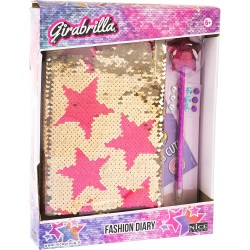 Nice Group - Girabrilla Fashion Diary Magenta Star, Diario con Paillettes Reversibili, Penna Pom, Adesivi Gemme e Stickers, Colo