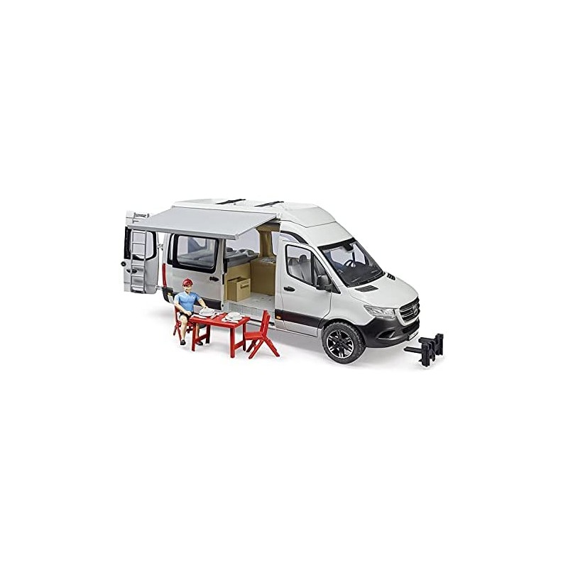 BRUDER 02672 - Mercedes Sprinter Camper con guidatore, set da campeggio con tavolo e stoviglie