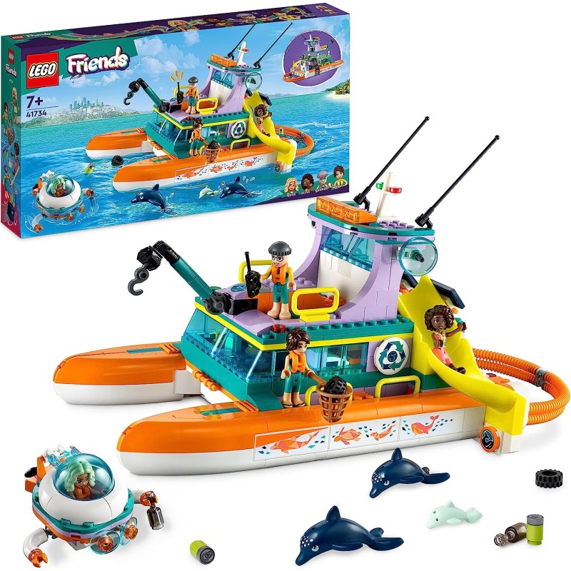 LEGO 41734 Friends Catamarano di Salvataggio, Barca Giocattolo con Figure di Animali e Sottomarino, Set Eco-Educativo