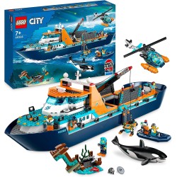 LEGO 60368 City Esploratore Artico, Grande Nave Giocattolo Galleggiante con Elicottero, Gommone, Sottomarino, Relitto Barca Vich