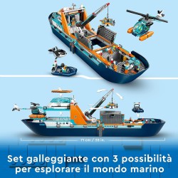 LEGO 60368 City Esploratore Artico, Grande Nave Giocattolo Galleggiante con Elicottero, Gommone, Sottomarino, Relitto Barca Vich