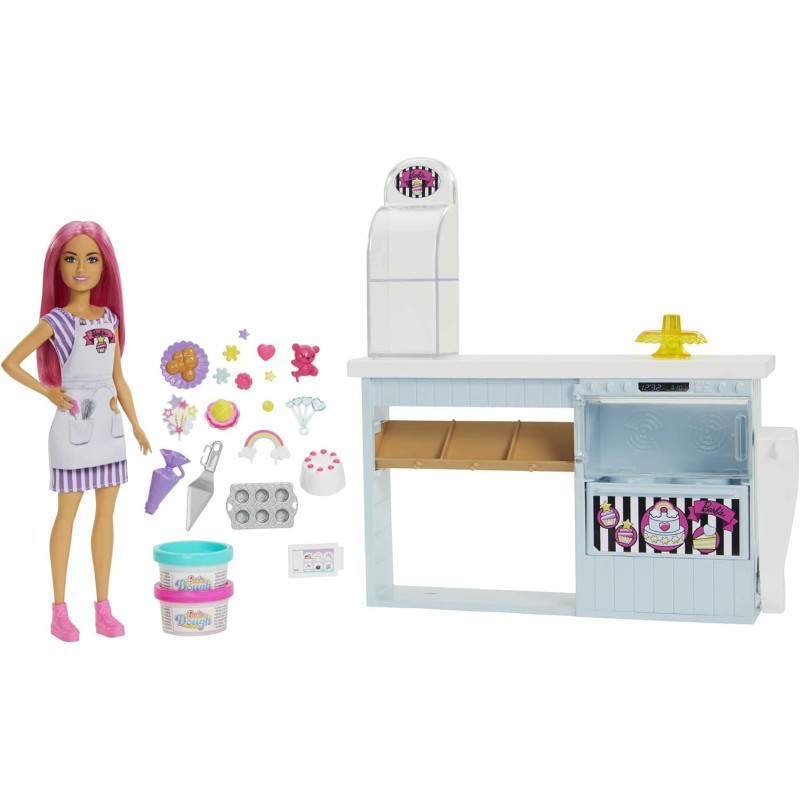 Mattel - Barbie-PlaySet Pasticceria con Bambola dai Capelli Rosa, 2 Barattolini di Pasta Modellabile - HGB73