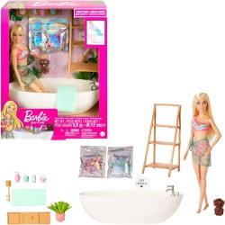 Mattel - Barbie - Vasca Relax Playset con bambola e cucciolo, con coriandoli di sapone colorati e accessori, Giocattolo per Bamb