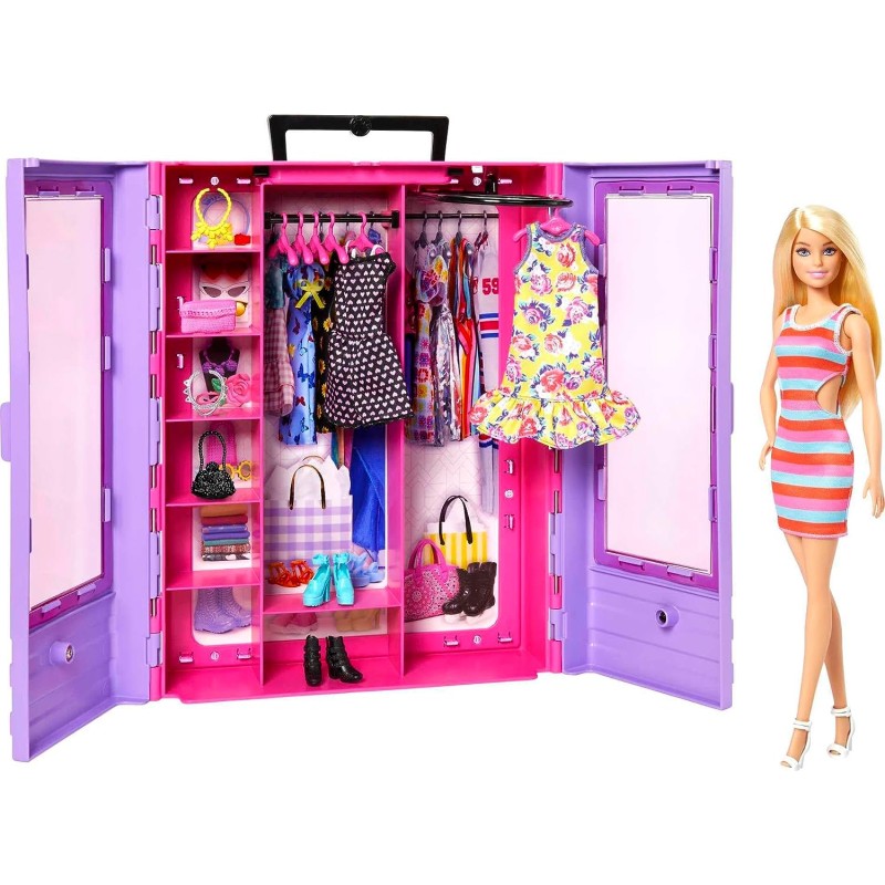 Mattel - Barbie Fashionistas Armadio Moda Look Playset con bambola,  richiudibile e trasportabile, abiti, accessori e grucce 