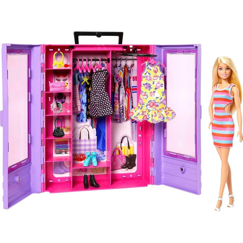 Mattel - Barbie Fashionistas Armadio Moda Look Playset con bambola, richiudibile e trasportabile, abiti, accessori e grucce - HJ