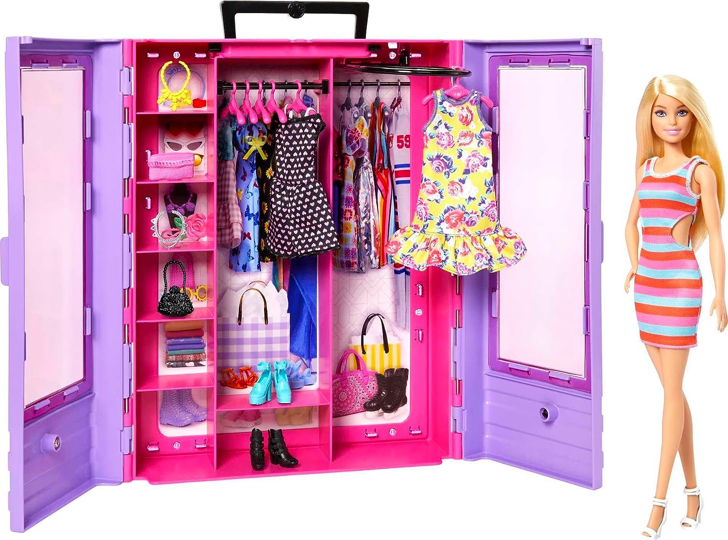 Mattel - Barbie Fashionistas Armadio Moda Look Playset con bambola,  richiudibile e trasportabile, abiti, accessori e grucce - HJ
