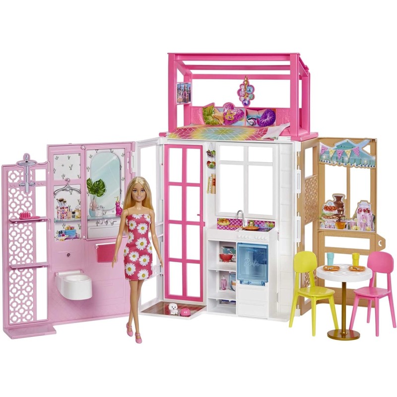 Mattel - Barbie - Playset con Bambola e Casa a 2 Piani con 4 Aree Gioco, Arredata, con Cagnolino e Accessori - HCD48
