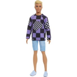 Mattel - Barbie - Ken Fashionistas n.191 Bambola Capelli Biondi Corti, Maglione a Quadri, Pantaloncini di Jeans, Sneaker Bianche