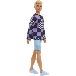 Mattel - Barbie - Ken Fashionistas n.191 Bambola Capelli Biondi Corti, Maglione a Quadri, Pantaloncini di Jeans, Sneaker Bianche