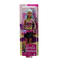 Mattel - Barbie Carriere - Carriera Make-up, bambola dai capelli blu, top colorato a stampa leopardata e scarpe rosa con plateau