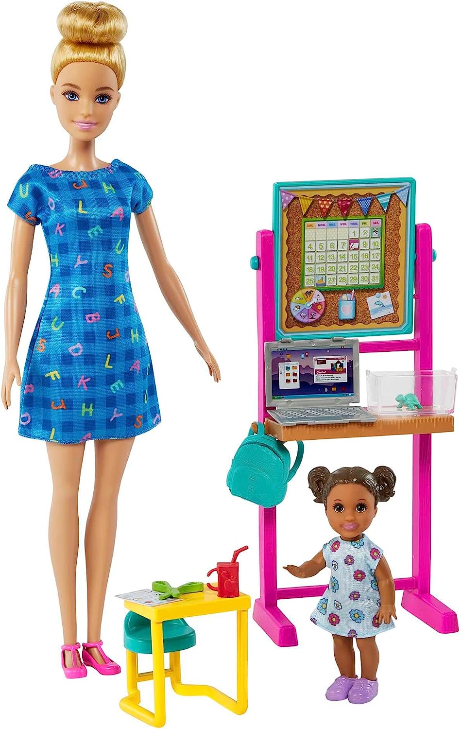 Mattel - Barbie Carriere - Barbie Insegnante Caucasica, bambola insegnante  bionda e bambola bambina castana, con accessori come
