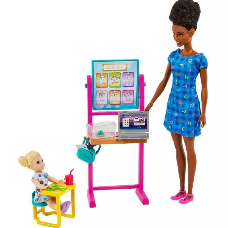 Mattel - Barbie Carriere - Barbie Insegnante, bambola insegnante mora e  bambola bambina bionda, con accessori come lavagna