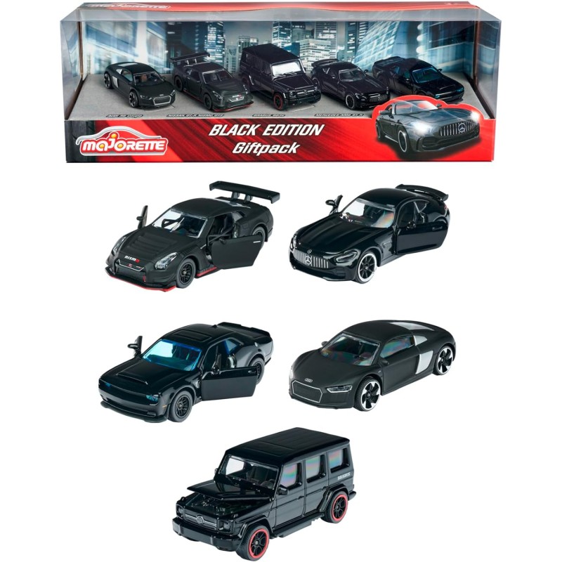 Majorette - Black Edition Giftpack, 5 Veicoli Inclusi: Audi R8, Brabus B63, Nissan Gt3 Nismo Gtr, Dodge Demon, Mercedes-Amg Gtr,