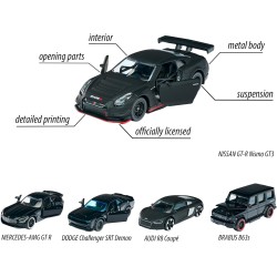 Majorette - Black Edition Giftpack, 5 Veicoli Inclusi: Audi R8, Brabus B63, Nissan Gt3 Nismo Gtr, Dodge Demon, Mercedes-Amg Gtr,