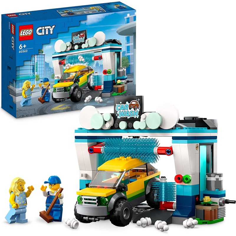 LEGO - City Autolavaggio, Set con Spazzole Rotanti, Macchina Giocattolo e 2 Minifigure - 60362