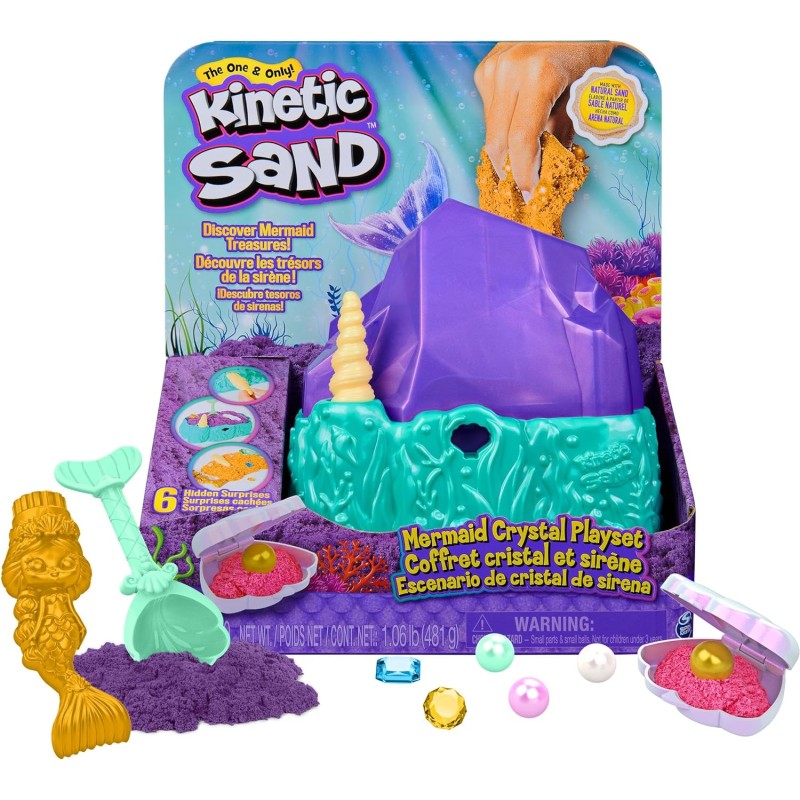 Spin Master - Kinetic Sand, Playset Il Cristallo della Sirenetta, Sabbia Colorata Cinetica 481 g, Accessori per Scavare e Scopri
