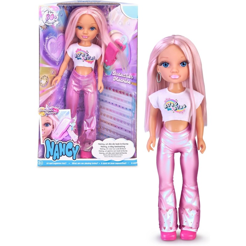 Nancy - Un giorno con look brillante, bambola con i capelli rosa, accessori per decorare i capelli, applicatore per gemme - NAC4