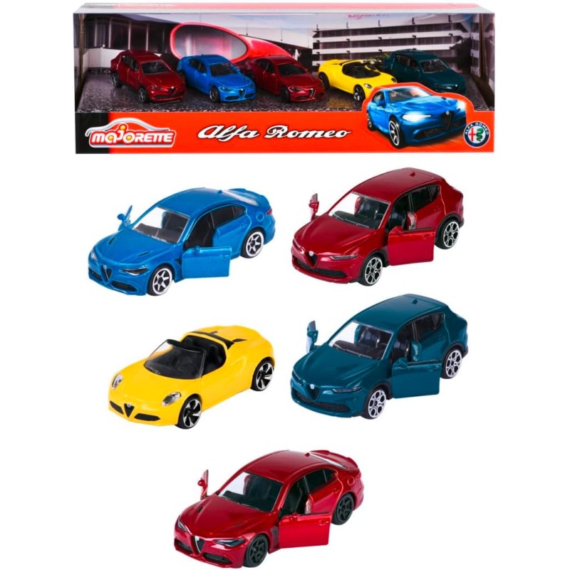 Majorette - Giftpack Alfa Romeo, 5 modelli esclusivi in metallo pressofuso,  sistema a ruota libera, parti apribili 