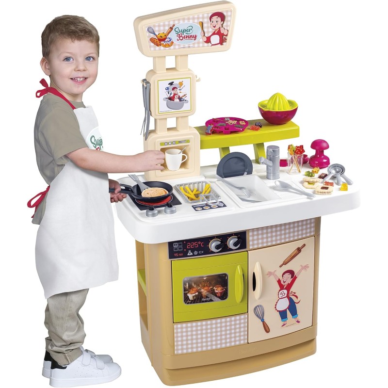 Smoby - Super Benny La cucina delle delizie, 32 accessori per cucinare davvero, grembiule incluso, ricettario - 7600310916