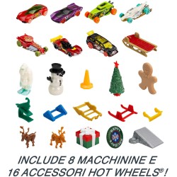 Hot Wheels - Calendario dell Avvento, 8 macchinine Hot Wheels a tema natalizio e accessori assortiti con tappetino da gioco - HC